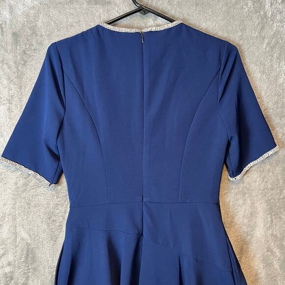 Kay Unger Navy Blue Fit & Flare Dress Elegant Draped Bodice Rhinestone Trim Sz 4 - Picture 6 of 9